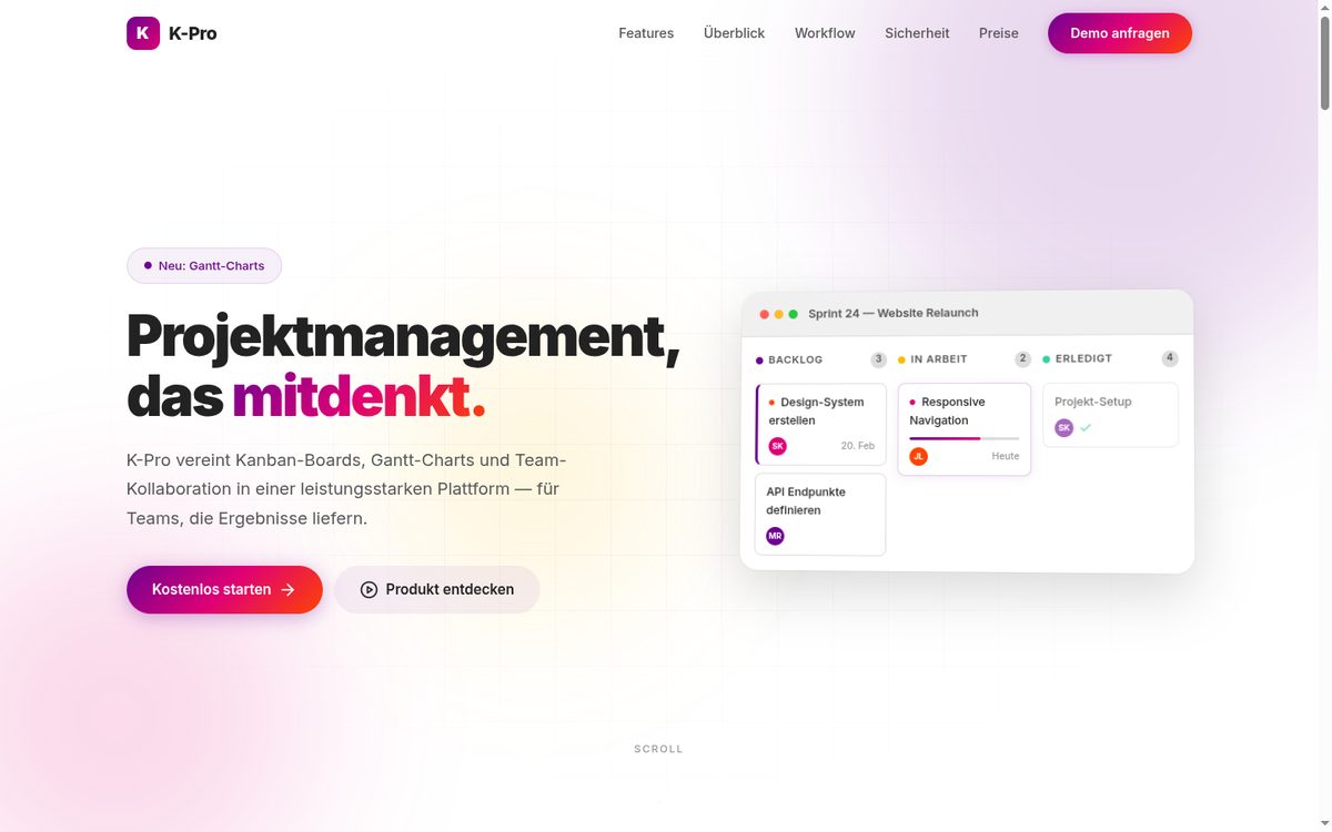 K-Pro Projektmanagement-Tool mit Kanban-Board